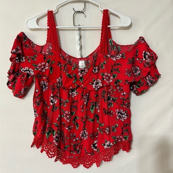 Red with Flower Print Cold Shoulder Rayon Ruffle Crochet Trimmed Crop Top XXXL - Picture 1 of 4